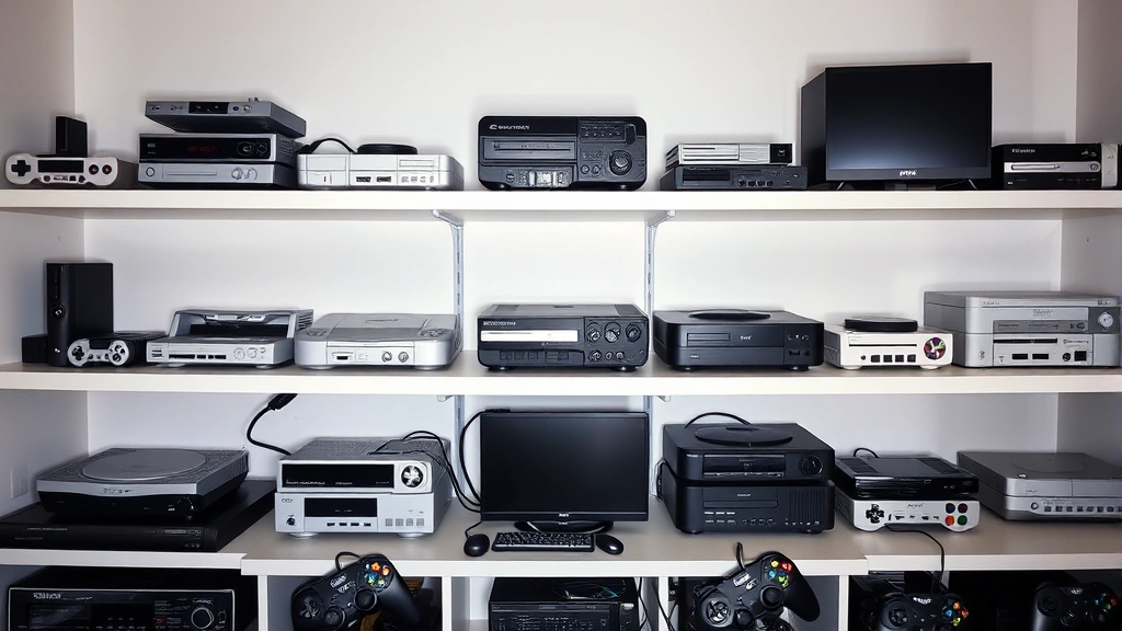 Wide shot of a gaming setup featuring multiple gaming consoles from different eras arranged on shelves, showing evolution of gaming technology from 1990s to modern day