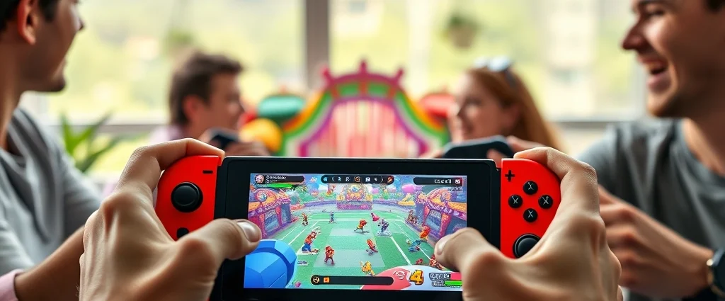 Nintendo Switch console in handheld mode showing colorful multiplayer game being played by multiple hands holding controllers, vibrant gaming environment, natural lighting, friends laughing while gaming