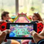 Nintendo Switch console in handheld mode showing colorful multiplayer game being played by multiple hands holding controllers, vibrant gaming environment, natural lighting, friends laughing while gaming