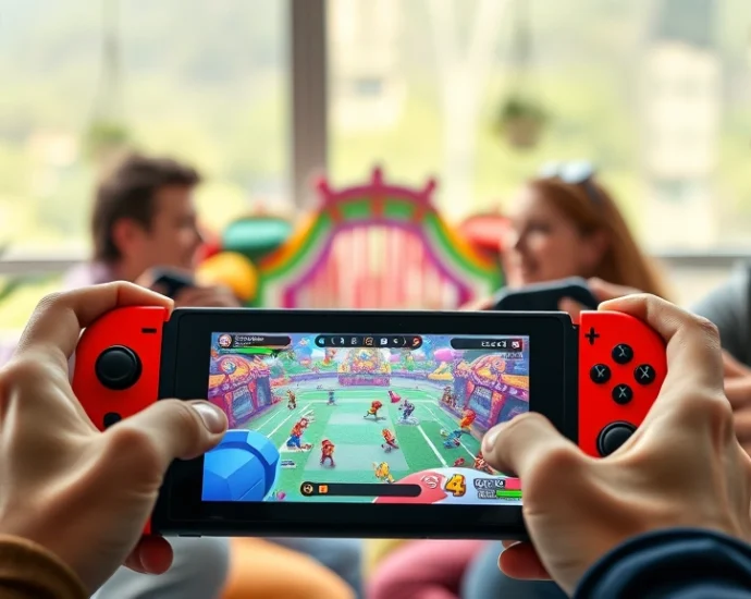 Nintendo Switch console in handheld mode showing colorful multiplayer game being played by multiple hands holding controllers, vibrant gaming environment, natural lighting, friends laughing while gaming