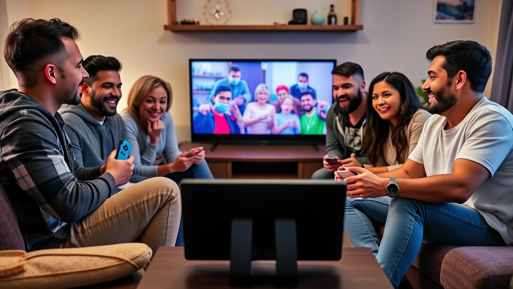 Diverse group of friends gathered around Nintendo Switch docked to TV screen, playing together on couch, living room setting with comfortable seating, joyful expressions, casual gaming atmosphere