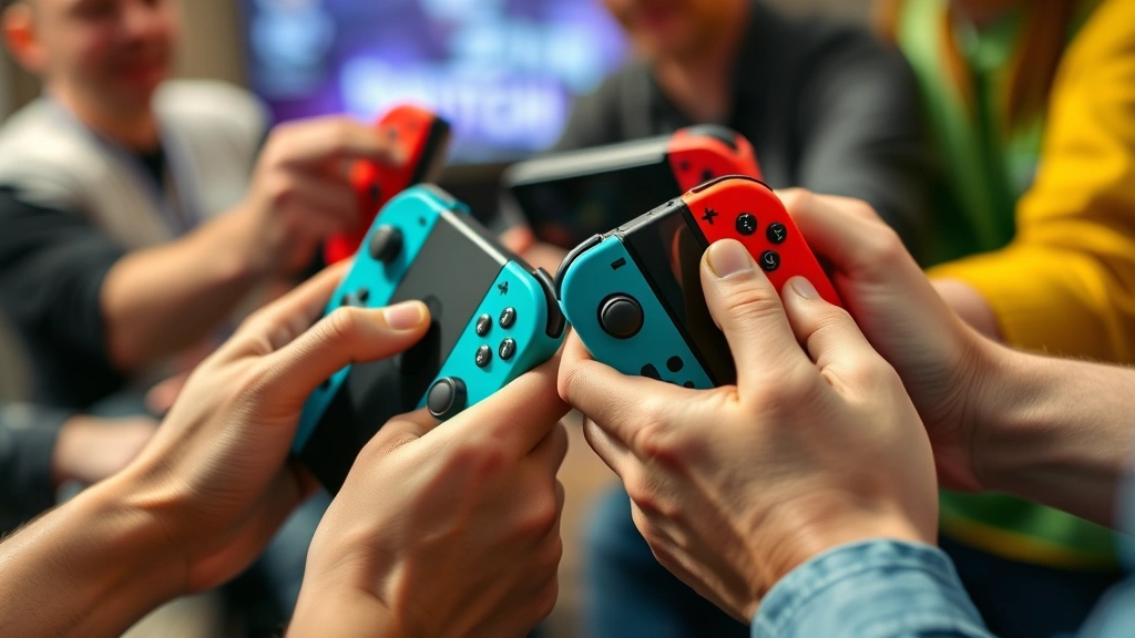 Close-up of Nintendo Switch controllers being held by different players during intense multiplayer session, various colored Joy-Con controllers, action-focused gaming moment, dynamic composition
