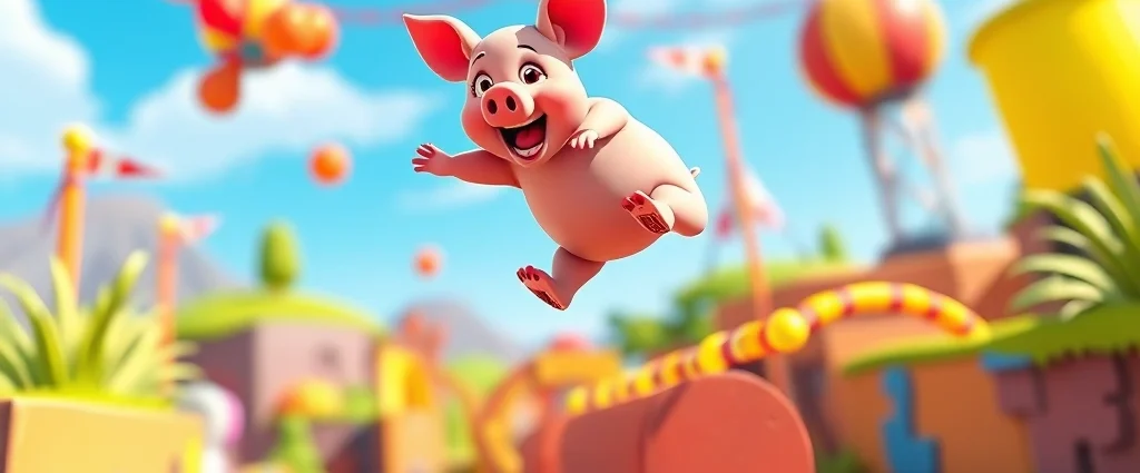 Colorful cartoon pig character mid-jump over vibrant obstacle course in bright game environment, energetic and playful atmosphere, photorealistic style