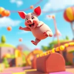 Colorful cartoon pig character mid-jump over vibrant obstacle course in bright game environment, energetic and playful atmosphere, photorealistic style