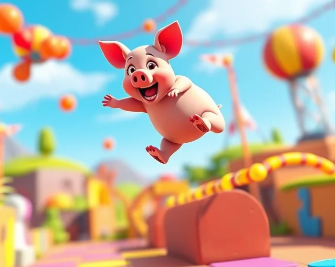 Colorful cartoon pig character mid-jump over vibrant obstacle course in bright game environment, energetic and playful atmosphere, photorealistic style