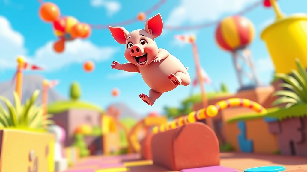 Colorful cartoon pig character mid-jump over vibrant obstacle course in bright game environment, energetic and playful atmosphere, photorealistic style