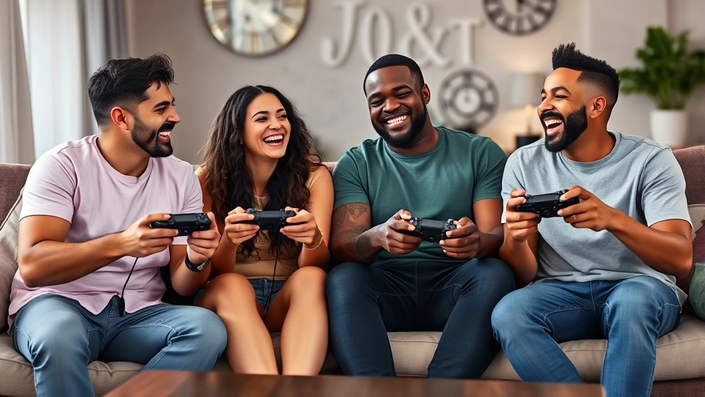 Four diverse players holding controllers laughing together during competitive multiplayer gaming session on couch, joyful social gaming moment