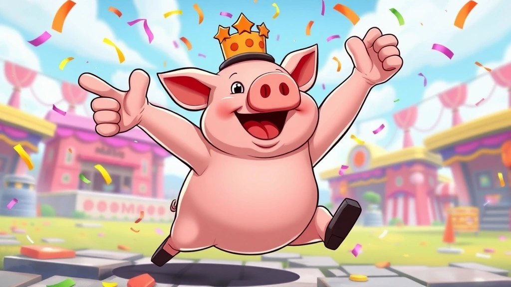 Celebratory pig character animation with confetti effects and dynamic motion, triumphant victory pose in colorful game world setting