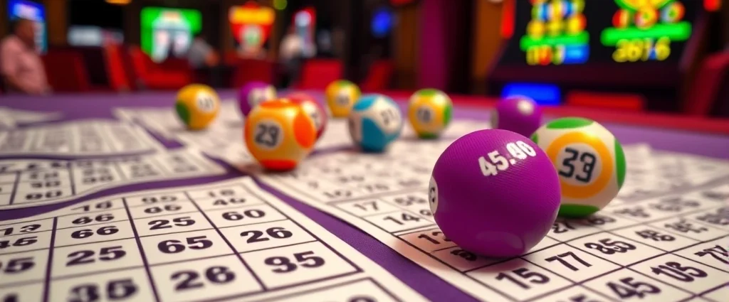 Close-up of colorful bingo cards with numbers and daubers on a felt table, showing marked patterns and winning combinations, professional bingo hall setting with warm lighting