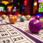 Close-up of colorful bingo cards with numbers and daubers on a felt table, showing marked patterns and winning combinations, professional bingo hall setting with warm lighting