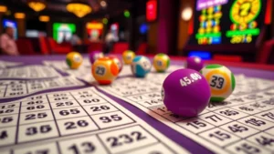 Close-up of colorful bingo cards with numbers and daubers on a felt table, showing marked patterns and winning combinations, professional bingo hall setting with warm lighting
