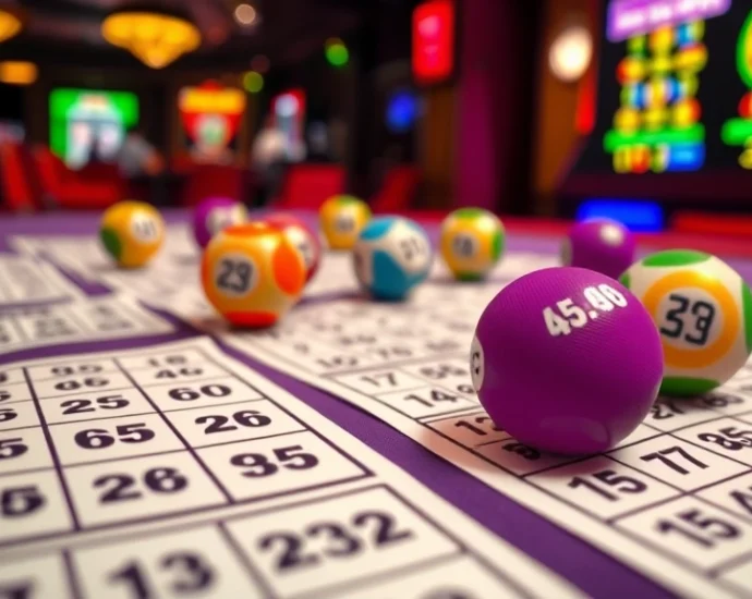 Close-up of colorful bingo cards with numbers and daubers on a felt table, showing marked patterns and winning combinations, professional bingo hall setting with warm lighting