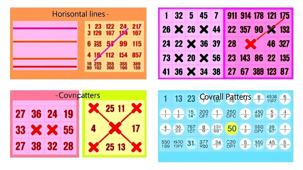 Split-screen showing different bingo pattern types highlighted in bright colors - horizontal lines, vertical lines, diagonal X patterns, four corners, and coverall patterns on transparent overlays