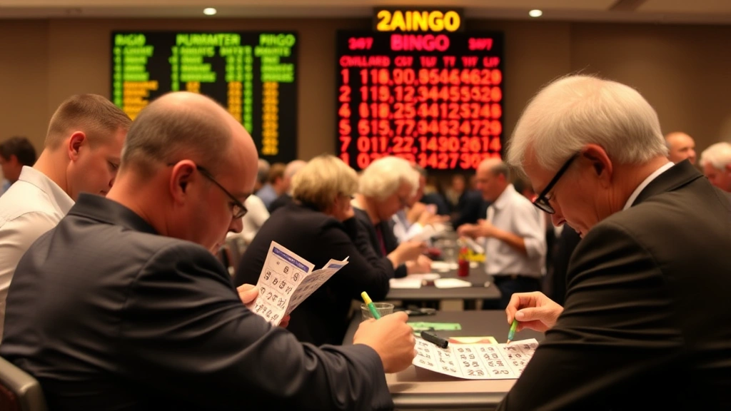 Professional bingo tournament scene with multiple players concentrating on their cards, tracking patterns with color-coded markers, tournament display board showing called numbers in background