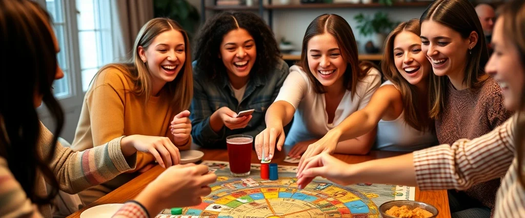 A diverse group of adults and teenagers laughing around a colorful board game table with snacks and drinks, warm lighting, casual home setting, close-up of hands reaching for game pieces and cards