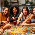 A diverse group of adults and teenagers laughing around a colorful board game table with snacks and drinks, warm lighting, casual home setting, close-up of hands reaching for game pieces and cards