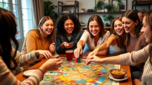 A diverse group of adults and teenagers laughing around a colorful board game table with snacks and drinks, warm lighting, casual home setting, close-up of hands reaching for game pieces and cards