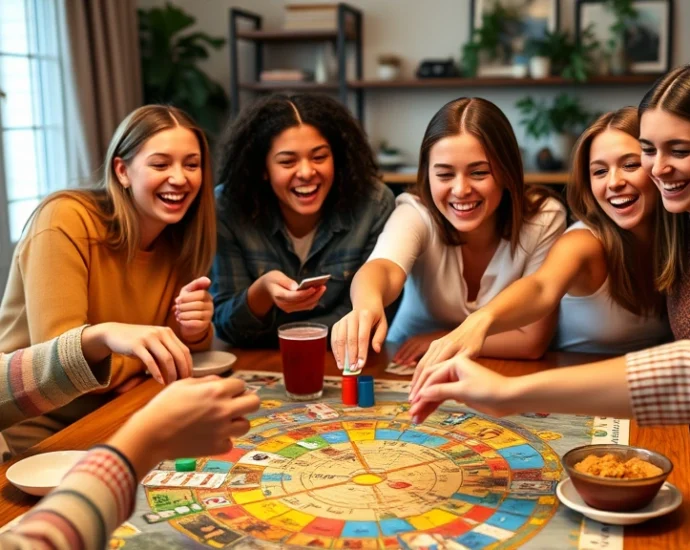 A diverse group of adults and teenagers laughing around a colorful board game table with snacks and drinks, warm lighting, casual home setting, close-up of hands reaching for game pieces and cards