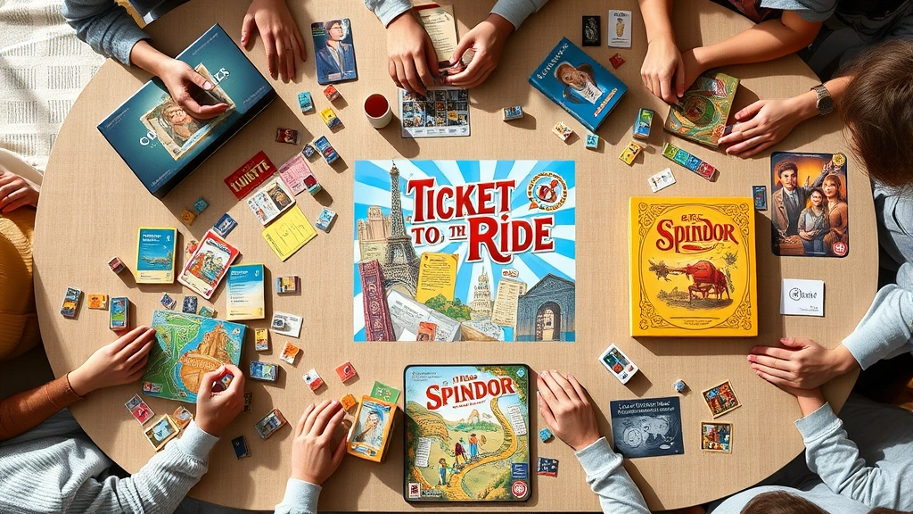 Overhead shot of multiple board games spread across a large table with Codenames, Ticket to Ride, and Splendor boxes visible, players hands visible around the table during active gameplay, bright natural lighting
