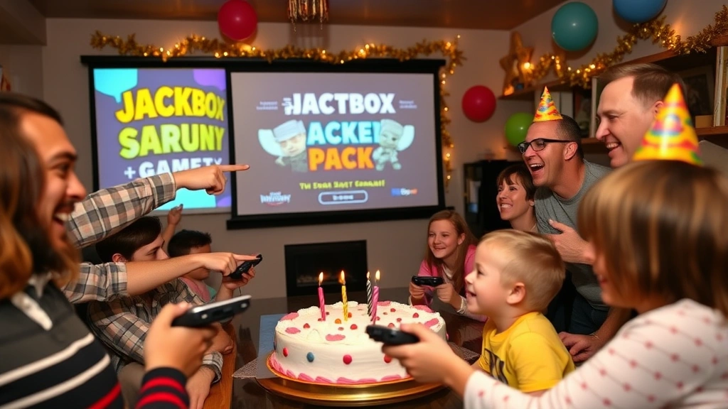 A lively birthday party scene with people of mixed ages playing games together, some pointing at a projection screen showing Jackbox Party Pack gameplay, others laughing with game controllers in hand, festive decorations in background