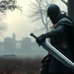 Dark fantasy warrior wielding a greatsword standing in a misty forest clearing with ancient ruins visible in the background, photorealistic medieval armor and realistic lighting