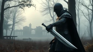 Dark fantasy warrior wielding a greatsword standing in a misty forest clearing with ancient ruins visible in the background, photorealistic medieval armor and realistic lighting
