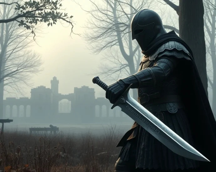 Dark fantasy warrior wielding a greatsword standing in a misty forest clearing with ancient ruins visible in the background, photorealistic medieval armor and realistic lighting