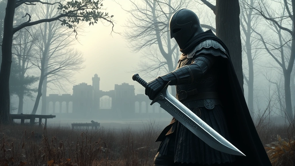 Dark fantasy warrior wielding a greatsword standing in a misty forest clearing with ancient ruins visible in the background, photorealistic medieval armor and realistic lighting