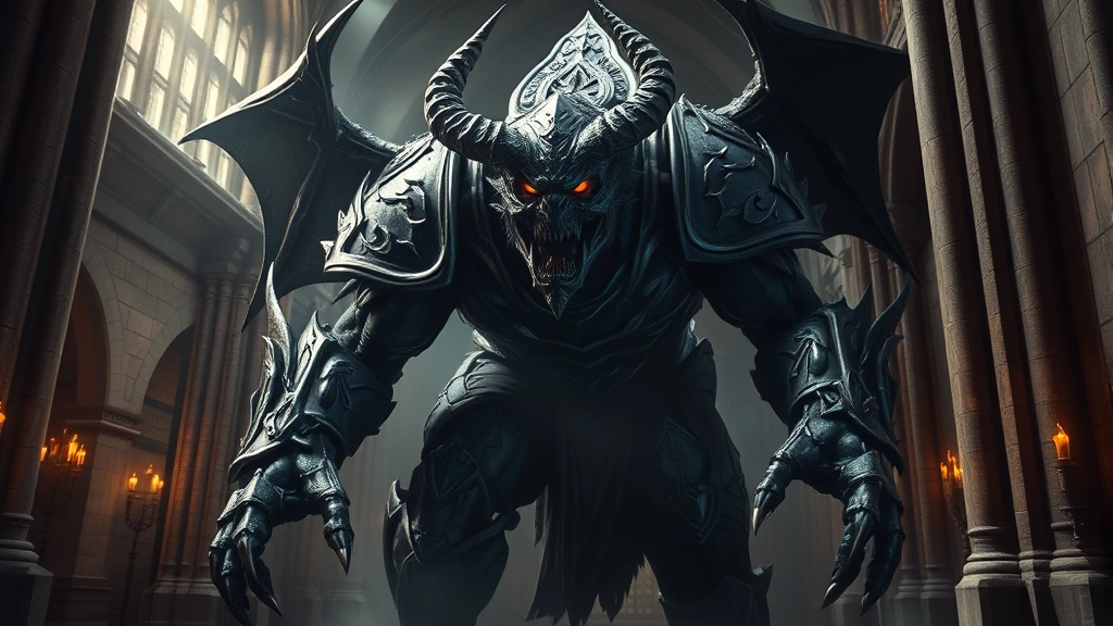 Massive demonic boss creature with intricate armor and glowing eyes emerging from shadows in a gothic cathedral interior, dramatic atmospheric lighting with stone pillars