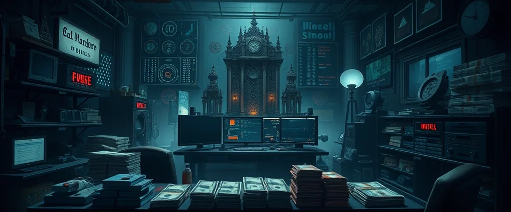Photorealistic image of a criminal underworld empire setup with multiple revenue streams, stacks of currency, and organized crime infrastructure in a dark, moody atmosphere