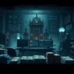 Photorealistic image of a criminal underworld empire setup with multiple revenue streams, stacks of currency, and organized crime infrastructure in a dark, moody atmosphere