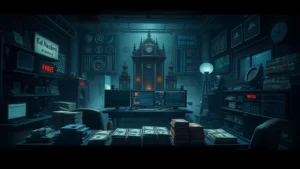 Photorealistic image of a criminal underworld empire setup with multiple revenue streams, stacks of currency, and organized crime infrastructure in a dark, moody atmosphere