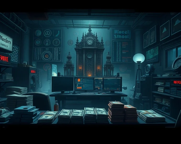 Photorealistic image of a criminal underworld empire setup with multiple revenue streams, stacks of currency, and organized crime infrastructure in a dark, moody atmosphere