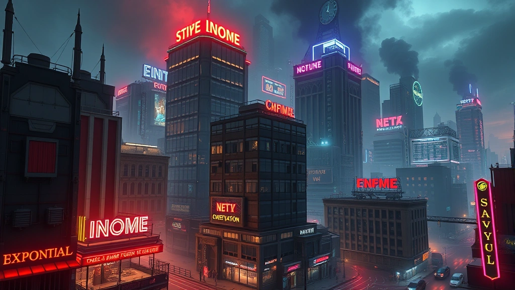 Epic photorealistic scene of a massive criminal empire at peak operation with multiple buildings generating income simultaneously, neon lights, and signs of exponential growth