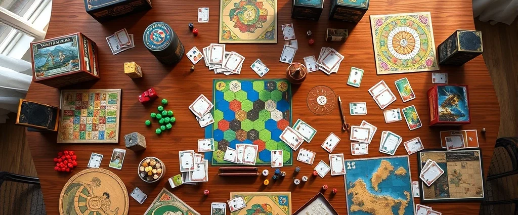 Photorealistic overhead shot of diverse board games spread across wooden table with colorful game pieces, cards, and dice scattered artfully, warm natural lighting from window, no text or UI elements visible