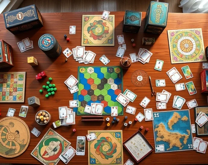 Photorealistic overhead shot of diverse board games spread across wooden table with colorful game pieces, cards, and dice scattered artfully, warm natural lighting from window, no text or UI elements visible