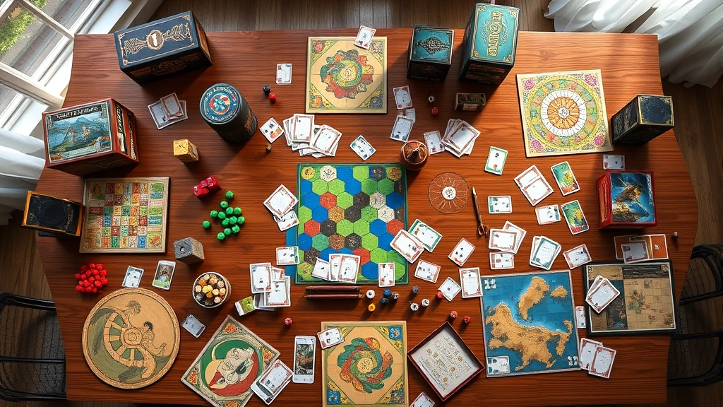Photorealistic overhead shot of diverse board games spread across wooden table with colorful game pieces, cards, and dice scattered artfully, warm natural lighting from window, no text or UI elements visible