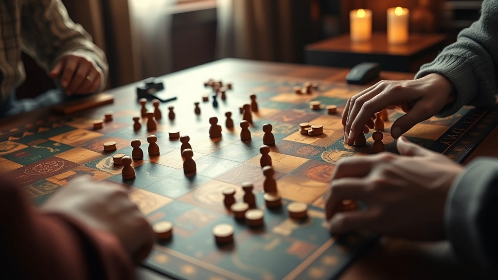 Photorealistic image of hands arranging wooden game pieces and tokens on board game surface during active gameplay, focused gameplay moment, warm gaming room ambiance with soft lighting