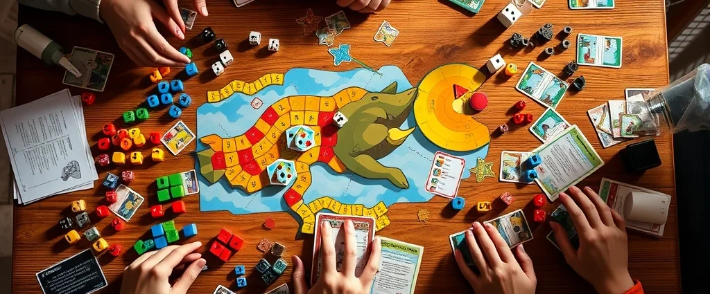 Overhead view of colorful board games spread across wooden table with dice, tokens, and cards visible, warm natural lighting, players' hands reaching for game pieces, photorealistic gaming setup, no game UI or text visible