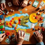 Overhead view of colorful board games spread across wooden table with dice, tokens, and cards visible, warm natural lighting, players' hands reaching for game pieces, photorealistic gaming setup, no game UI or text visible
