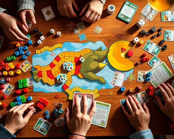 Overhead view of colorful board games spread across wooden table with dice, tokens, and cards visible, warm natural lighting, players' hands reaching for game pieces, photorealistic gaming setup, no game UI or text visible