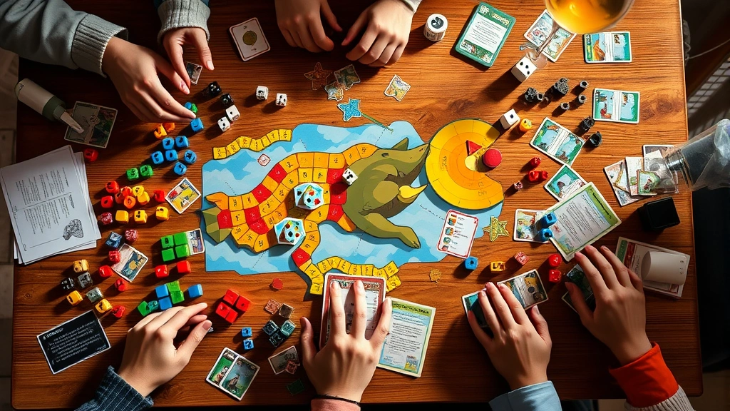 Overhead view of colorful board games spread across wooden table with dice, tokens, and cards visible, warm natural lighting, players' hands reaching for game pieces, photorealistic gaming setup, no game UI or text visible