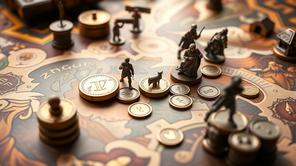 Close-up of beautifully illustrated game board components including wooden tokens, metal coins, and detailed miniatures arranged artistically, soft studio lighting highlighting craftsmanship, no visible game text or UI elements
