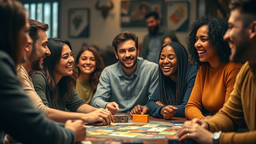 Group of diverse friends laughing around a table during board game night, focused on their expressions and interaction, game boxes and components visible but blurred in background, warm ambient lighting, candid moment of genuine enjoyment