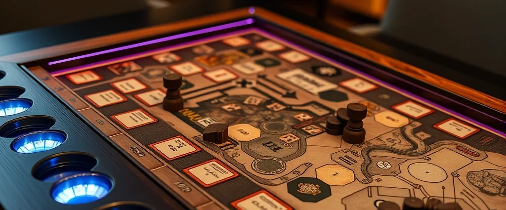 Close-up of a premium board game table with recessed playing surface, integrated cup holders, and LED lighting illuminating a complex strategy game board with wooden pieces and cards, photorealistic detail