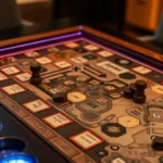 Close-up of a premium board game table with recessed playing surface, integrated cup holders, and LED lighting illuminating a complex strategy game board with wooden pieces and cards, photorealistic detail