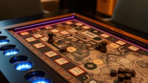 Close-up of a premium board game table with recessed playing surface, integrated cup holders, and LED lighting illuminating a complex strategy game board with wooden pieces and cards, photorealistic detail