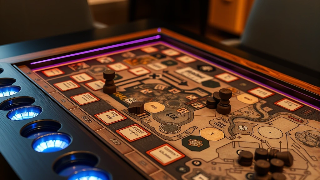 Close-up of a premium board game table with recessed playing surface, integrated cup holders, and LED lighting illuminating a complex strategy game board with wooden pieces and cards, photorealistic detail