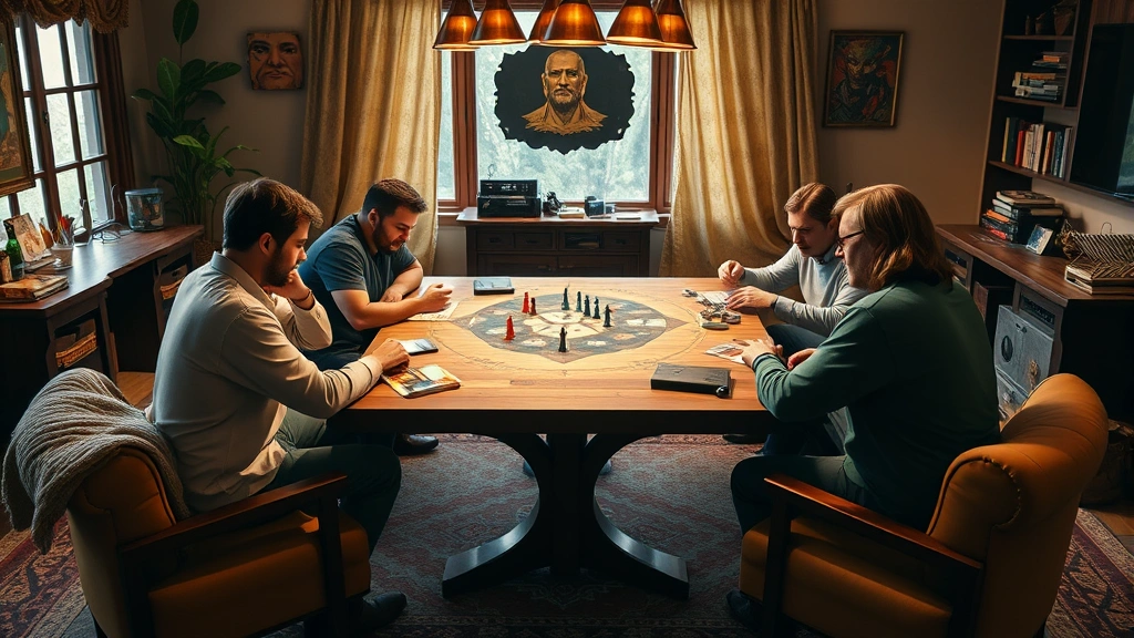 Wide shot of a mid-range board game table in a cozy game room setting with four players seated around it playing a campaign game, warm lighting, comfortable seating visible, gaming atmosphere