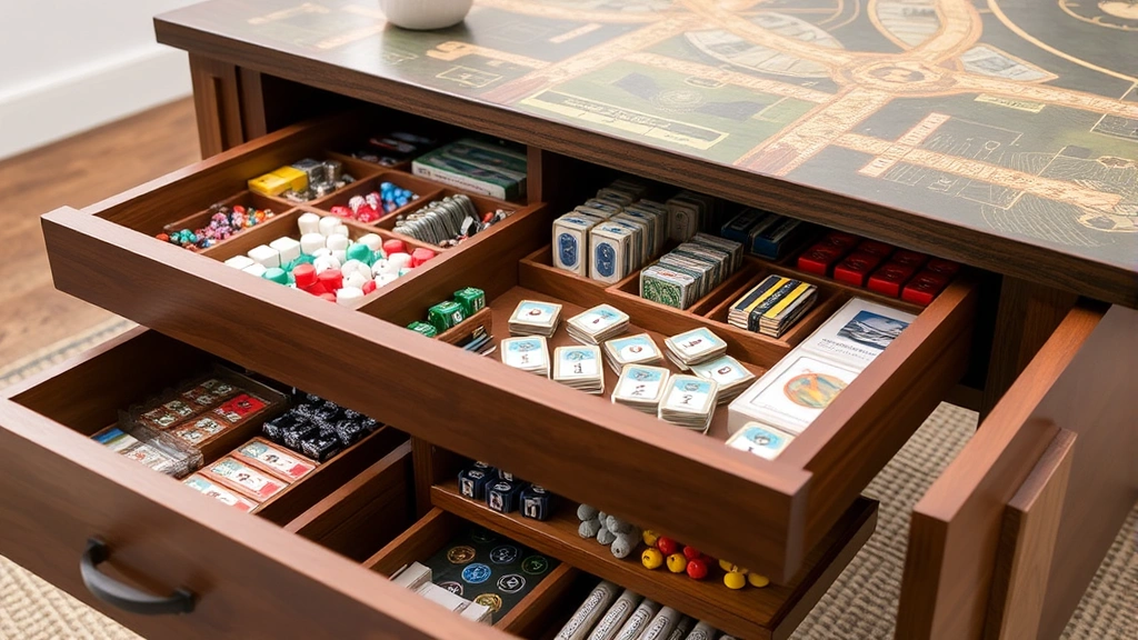 Detail view of a board game table's storage compartment being opened to reveal organized game components, dice sets, card decks, and token collections neatly arranged in drawers and shelves